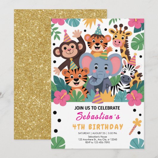 Süße Zoo-Tier-Kinderparty Einladung (Vorne/Hinten)