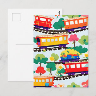 Süße Züge und Bäume Muster blau Postkarte