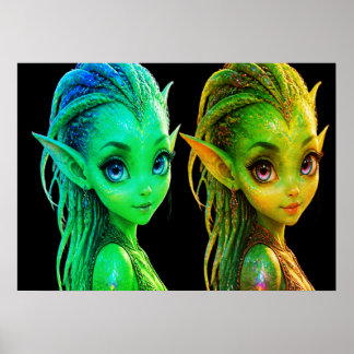 Süße Zwilling-Außerirdische Mädchen an einer Wand Poster