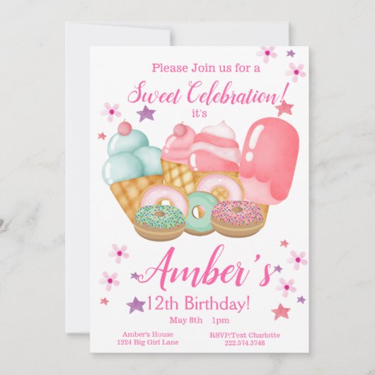 Süßeiscreme, Geburtstag Donut, jedes Alter Einladung (Vorderseite)