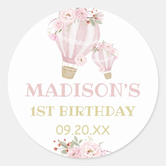 Süssen Blume Heißluftballon Girl 1. Geburtstag Runder Aufkleber (Vorderseite)