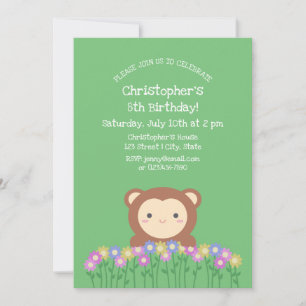 Süßer Affe und Blumen Salbei Grün Kindergeburtstag Einladung