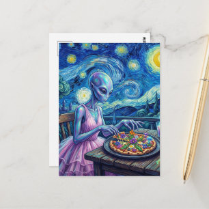 Süßer Alien im rosa Kleid isst Pizza Faux Van Gogh Postkarte