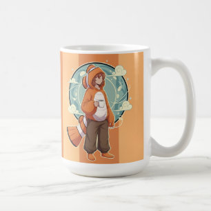 Süßer Anime-Junge im Kostüm eines Clownfisches bei Kaffeetasse