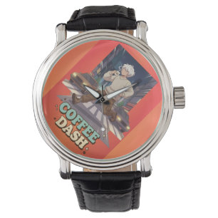 Süßer Anime-Junge läuft in der Stadt mit Kaffee Armbanduhr