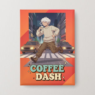 Süßer Anime-Junge läuft in der Stadt mit Kaffee Button