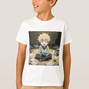 Süßer Anime-Junge überrascht im unordentlichen Zim T-Shirt