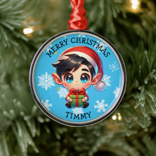 Süßer Anime-Jungen-Elf personalisiertes Weihnachte Ornament Aus Metall