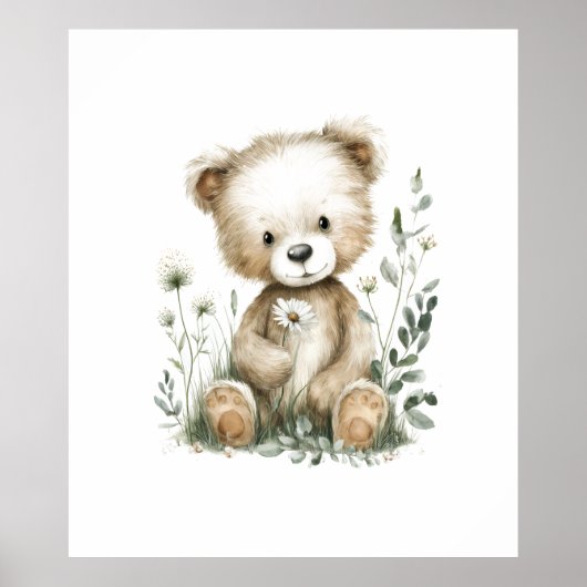 Süßer Aquarell-Teddybär mit Wildblumen Poster (Vorne)