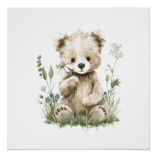 Süßer Aquarell-Teddybär mit Wildblumen Poster