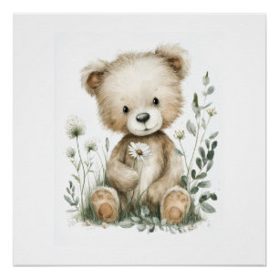 Süßer Aquarell-Teddybär mit Wildblumen Poster