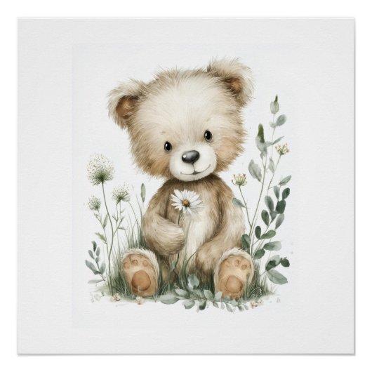 Süßer Aquarell-Teddybär mit Wildblumen Poster (Vorderseite)