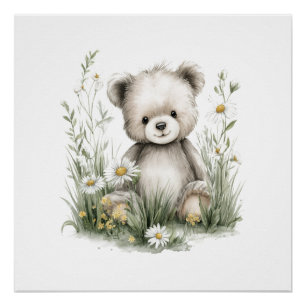Süßer Aquarell-Teddybär mit Wildblumen Poster