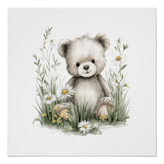 Süßer Aquarell-Teddybär mit Wildblumen Poster (Vorderseite)