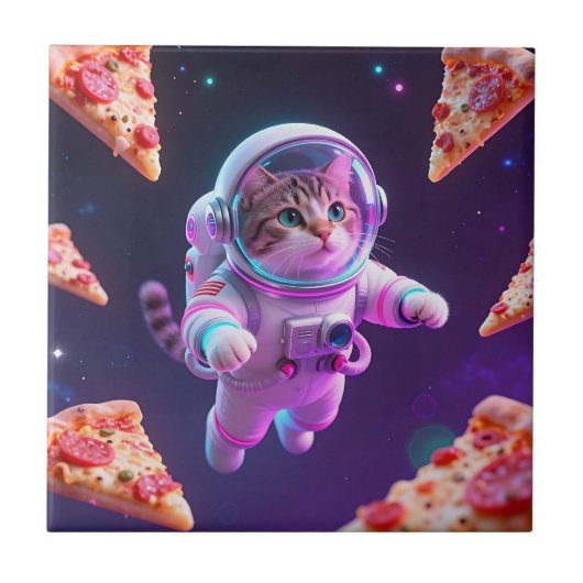 Süßer Astronaut Katzen schwebender Pizza Weltraum Fliese (Vorderseite)