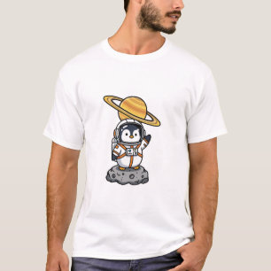 Süßer Astronaut-Pinguin winkend auf einem Asteroid T-Shirt