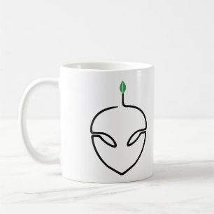 Süßer Außerirdischer in Ein-Linien-Kunst mit grüne Kaffeetasse