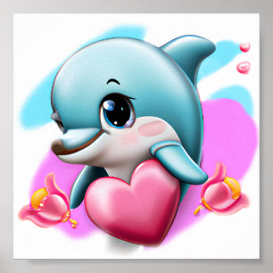Süßer Baby-Delfin mit Valentinsherz  Poster