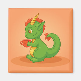 Süßer Baby-Drache hält Tasse auf Orange Magnet