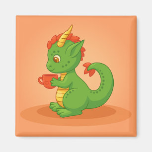 Süßer Baby-Drache hält Tasse auf Orange Magnet