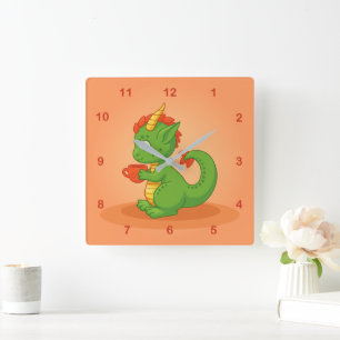 Süßer Baby-Drache hält Tasse auf Orange Quadratische Wanduhr