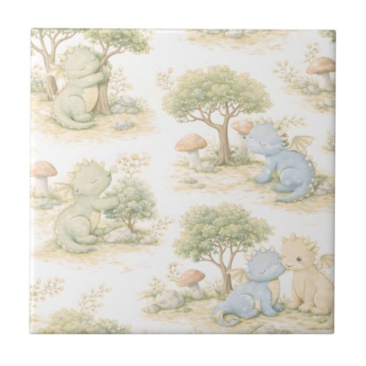 Süßer Baby-Drache Pastell-Waldmuster (2) Fliese (Vorderseite)