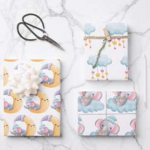 Süßer Baby-Elefant Mond Wolken Sterne Herzen Geschenkpapier Set