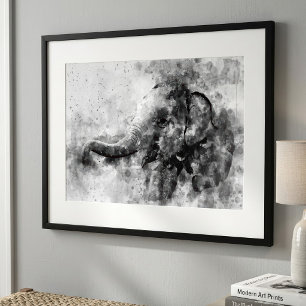 Süßer Baby-Elefant Schwarz-Weiß-Aquarell-Kunst Fotodruck