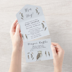 Süßer Baby-Eule-Vogel-Federn-Boho-Wasserfarben All In One Einladung