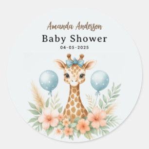 Süßer Baby-Giraffen-Junge-Baby-Shower   Blaues Saf Runder Aufkleber
