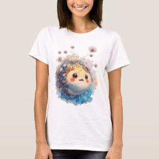 Süßer Baby-Kugelfisch Wasserfarben-Blumengarten T-Shirt