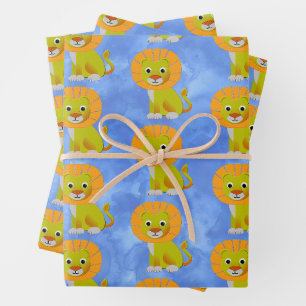 Süßer Baby-Löwe Überall Vintage-Druckmuster Blau Geschenkpapier Set