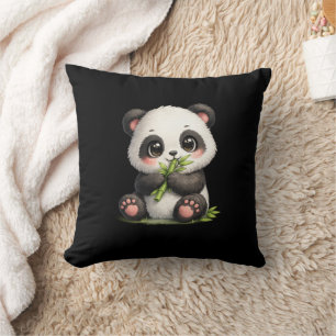 Süßer Baby-Panda, der Bambus isst, schwarzer Wurfk Kissen