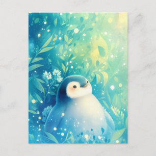 Süßer Baby Pinguin im Türkisen Blumengarten Postkarte