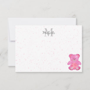 Süßer Babybär in Rosa mit individuellem Monogramm  Mitteilungskarte