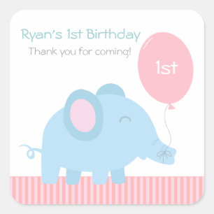Süßer babyblauer Elefant mit einem rosa Luftballon Quadratischer Aufkleber