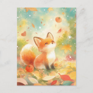 Süßer Babyfuchs auf Herbstblattwiese Postkarte