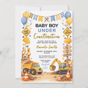 Süßer Babyjunge unter Truck-Baustelle Baby-Party Einladung