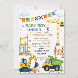 Süßer Babyjunge unter Truck-Baustelle Baby-Party Einladung