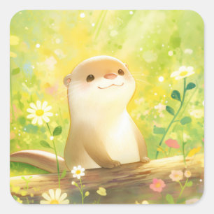Süßer Babyotter hinter einem Baumstamm mit Blumen Quadratischer Aufkleber