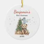 Süßer Babys erster Weihnachtsbaum blauer Teddybär Keramik Ornament (Vorne)
