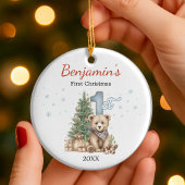 Süßer Babys erster Weihnachtsbaum blauer Teddybär Keramik Ornament