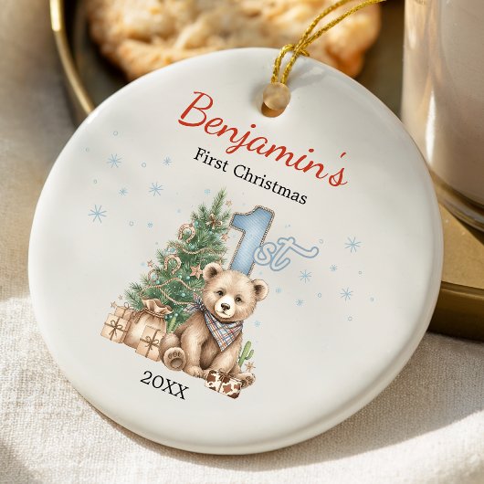 Süßer Babys erster Weihnachtsbaum blauer Teddybär Keramik Ornament