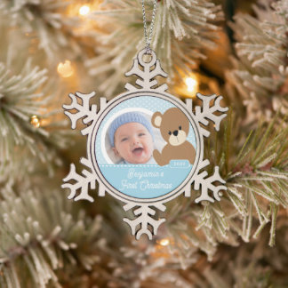 Süßer Bär Baby erstes Weihnachtsfoto Schneeflocken Zinn-Ornament