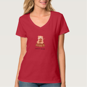 Süßer Bär Cute Gitarre Damen V-Ausschnitt T-Shirt