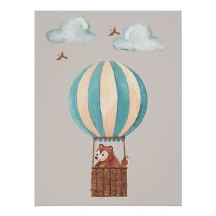Süßer Bär-Heißluftballon-Illustrationsposter Poster