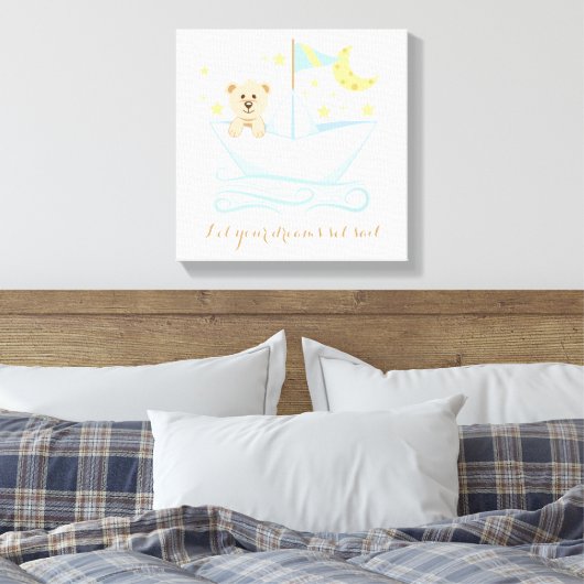 Süßer Bär im Kinderzimmer des Papierbootes Leinwanddruck (Insitu (Schlafzimmer))