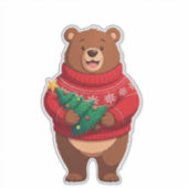 Süßer Bär im Weihnachtspullover Aufkleber (Vorderseite)