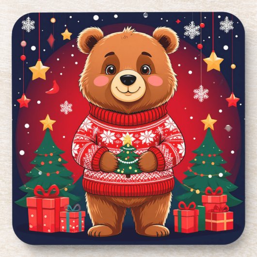 Süßer Bär im Weihnachtspullover Getränkeuntersetzer (Vorderseite)