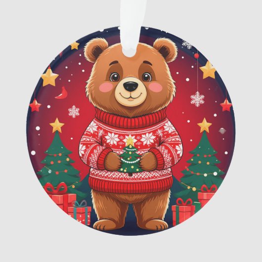 Süßer Bär im Weihnachtspullover Ornament (Vorderseite)